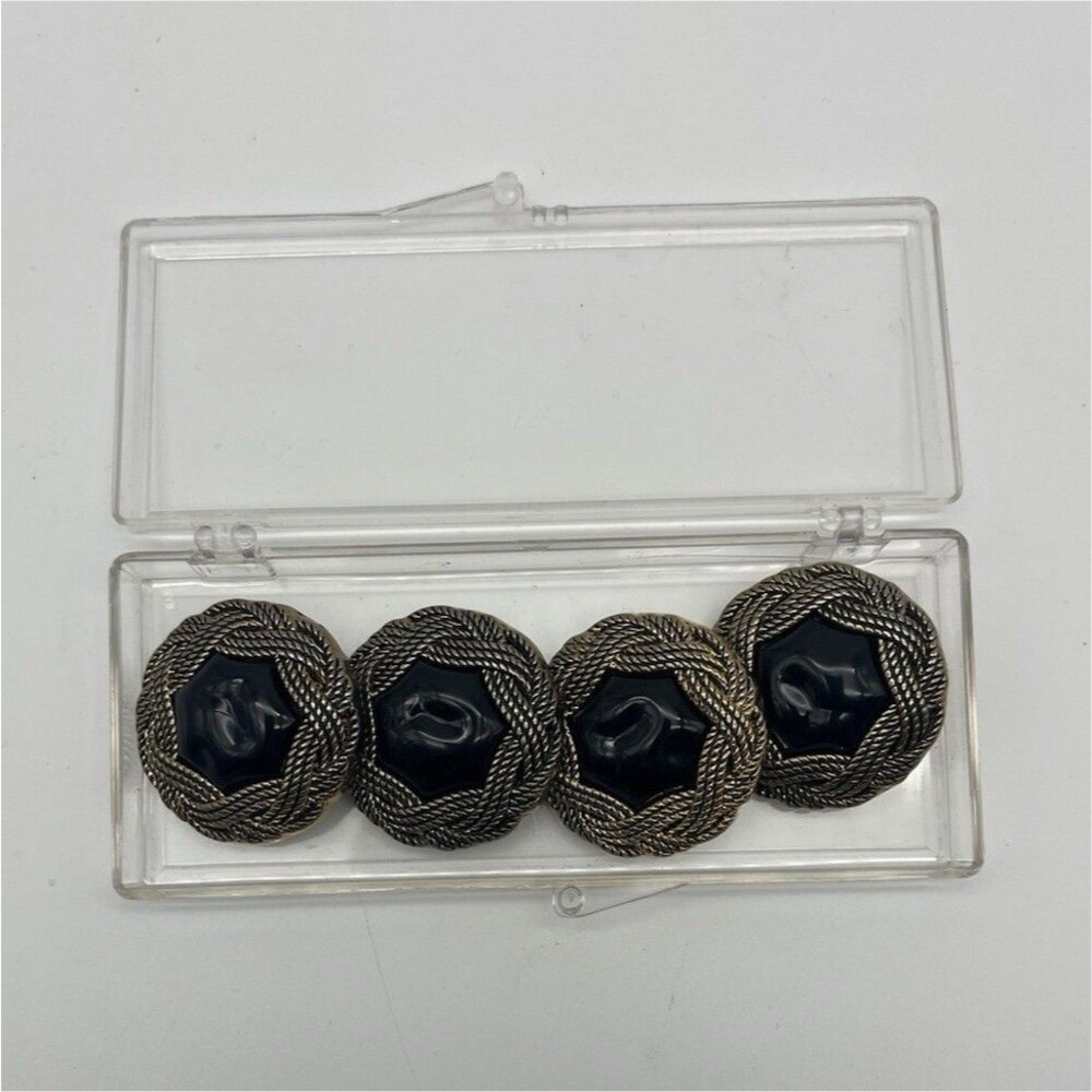 Set of 4 Brass Etched Round Shank Buttons Gold Black Decorative Design